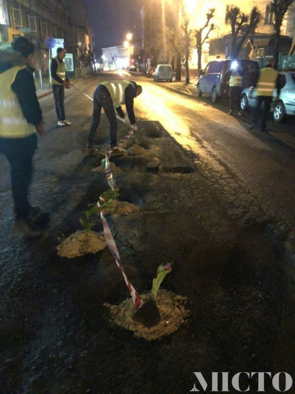 "30 км відремонтованих доріг". Франківські автоактивісти посадили квіти в найнебезпечніші ями на вулицях міста (фоторепортаж)