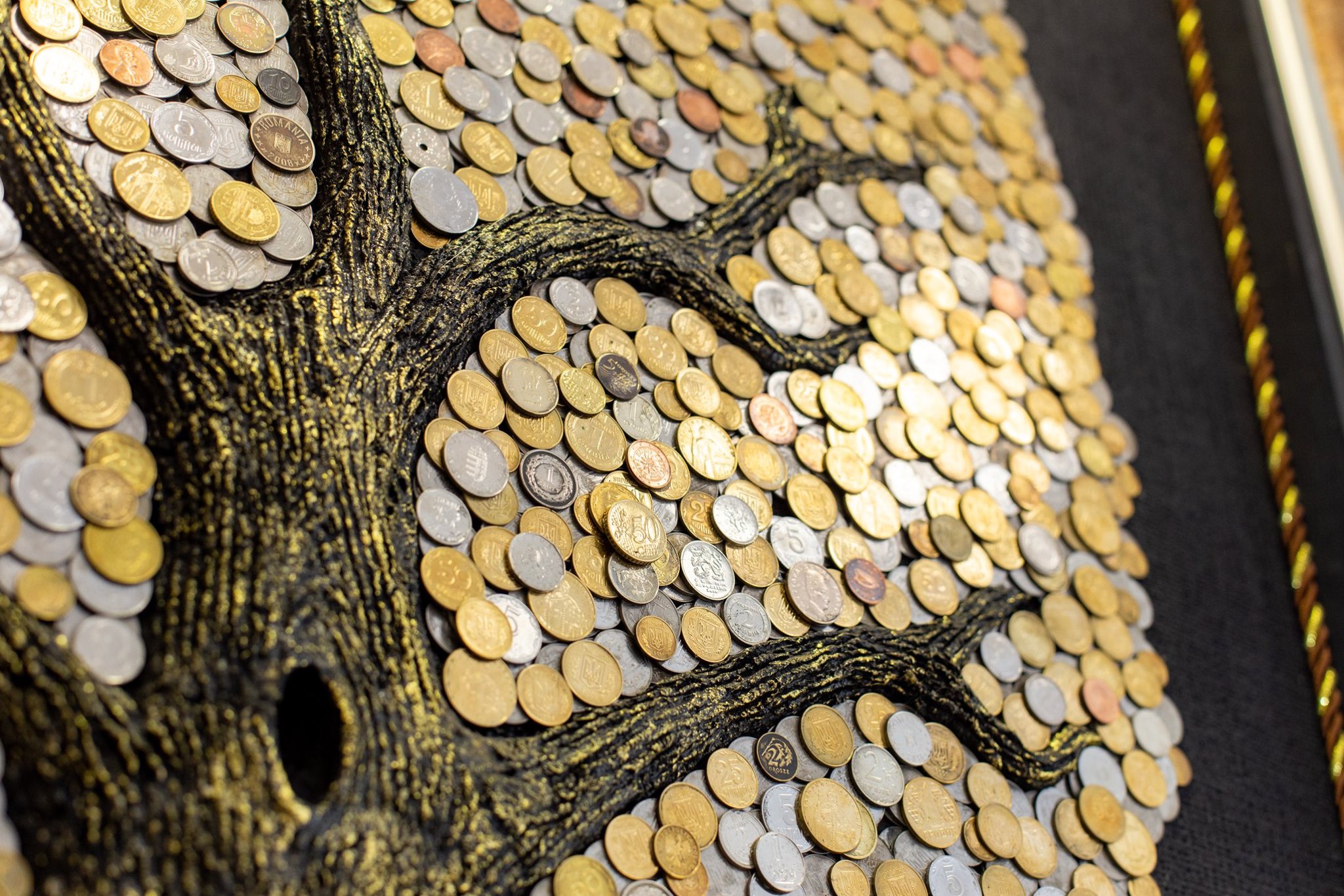 Франківський художник назбирав монети на оглядовому майданчику Ратуші й зробив з них грошове дерево ФОТО